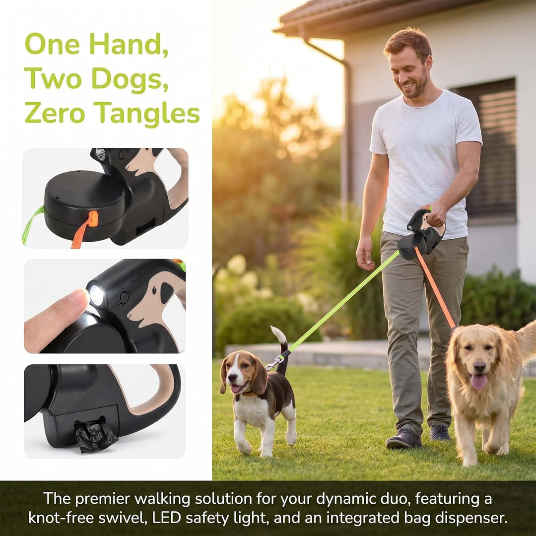 Doppelte Einziehbare Hundeleine, Doppelleine für 2 Hunde, 360° Drehung Hund Versenkbar Leine mit LED