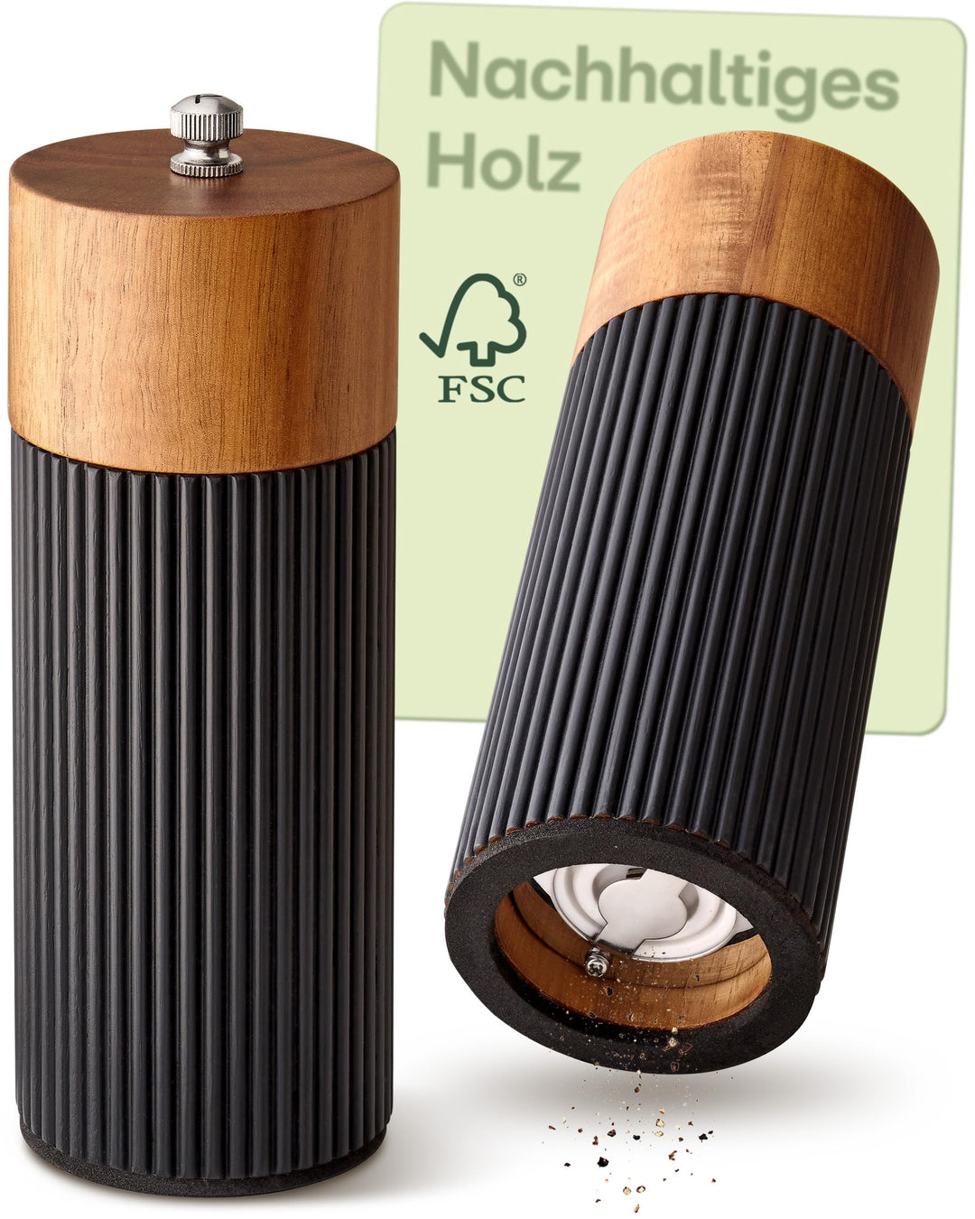 Praknu Salz & Pfeffermühle FSC® Holz der Akazie Set – mit Keramikmahlwerk – Stufenlos Einstellbar &