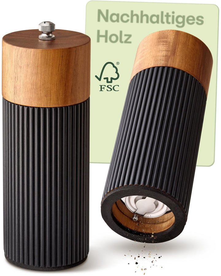 Praknu Salz & Pfeffermühle FSC® Holz der Akazie Set – mit Keramikmahlwerk – Stufenlos Einstellbar &