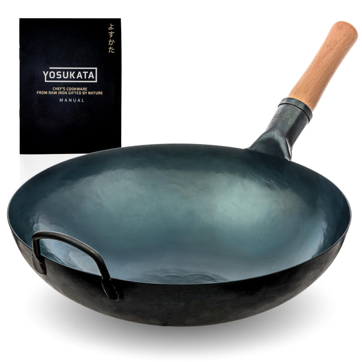 YOSUKATA Karbonstahl Woks & Wokpfannen (36 cm) -Voreingebrannter Wok Pfanne Carbonstahl Runder Boden