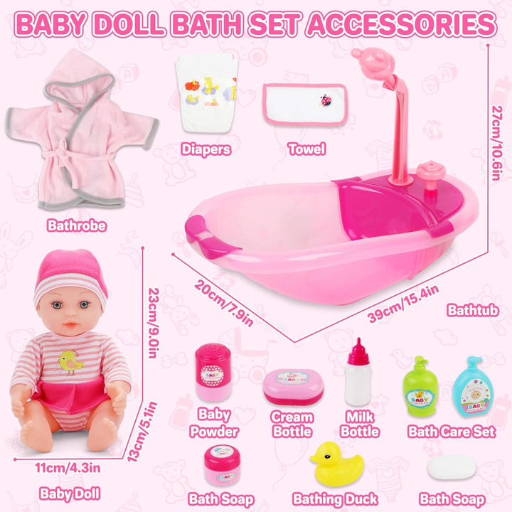 deAO Baby Puppe mit Badewanne und Zubehör, 30cm Badepuppe für Mädchen | mit Funktionierender Dusche
