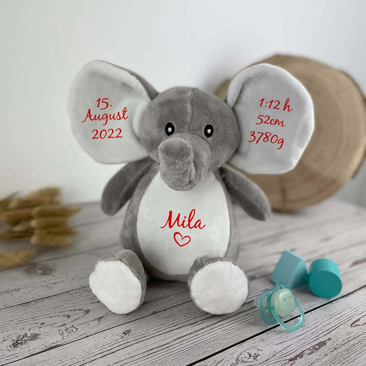 mamir home Elefant Baby Geschenk Kuscheltier personalisiert mit Name & Geburtsdaten I 28cm I Geschen