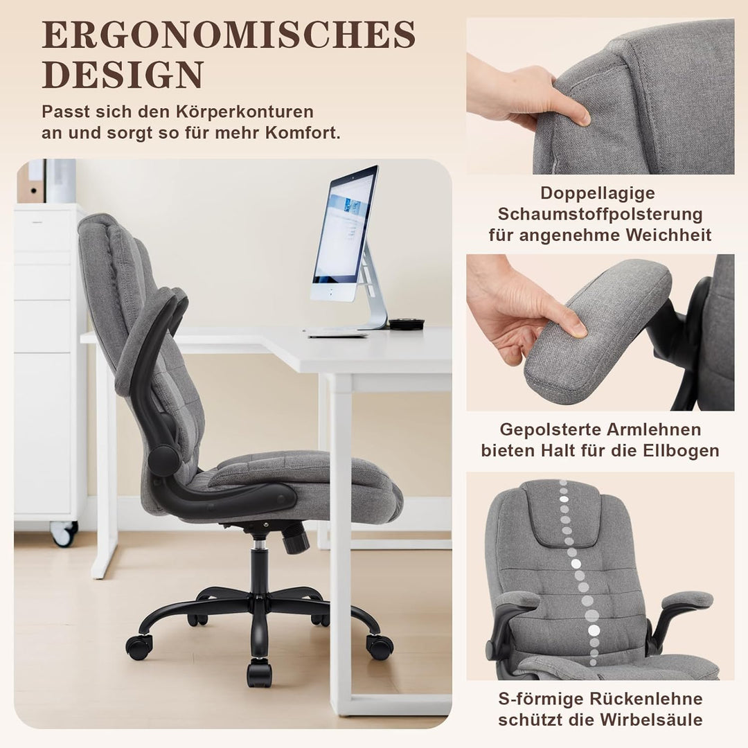 IWMH Ergonomischer Bürostuhl 180KG, Schreibtischstuhl mit Hochklappbaren Armlehnen, Chefsessel Stoff