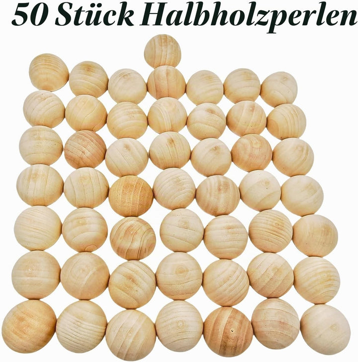 50 Stück halbe Holzperlen 35mm Naturbelassene unbehandelte Holzhalbkugeln Runde gespaltene Holzkugel