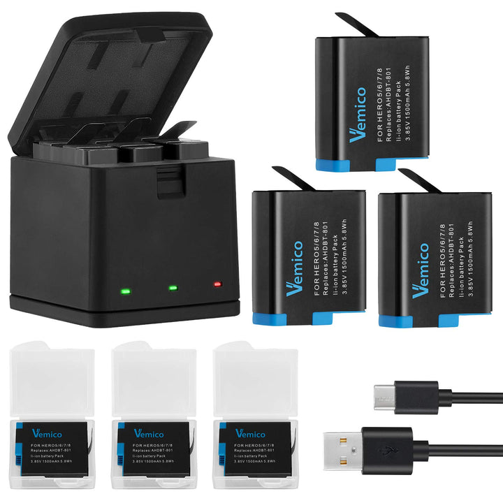 Vemico Hero 8 Akku Ladegerät Kit 3 Pack 1500 mAh ErsatzAkku 3 Kanal Ladebox Typ-C USB Mit Einem Schu