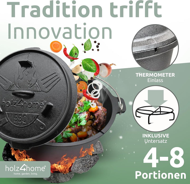 holz4home® Dutch Oven Set [9L, Mit Füssen] I Eingebrannter Feuertopf Gusseisen I Schmortopf mit Deck