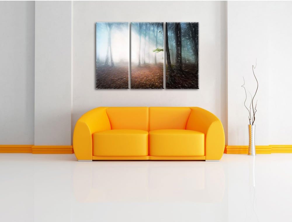 Pixxprint Düsterer Wald im Nebel / 3-Teilig/Gesamtmass 120cm Leinwandbild bespannt auf Holzrahmen/Wa