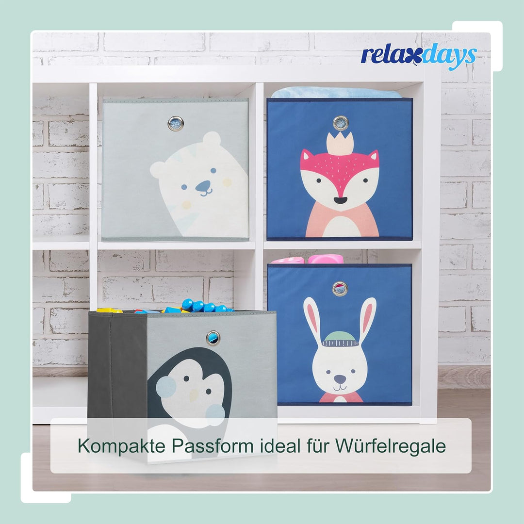 Relaxdays 4er Set, Kinder Aufbewahrungsboxen, süsse Tier-Motive, Faltbox für Würfelregale, HBT: 30x3