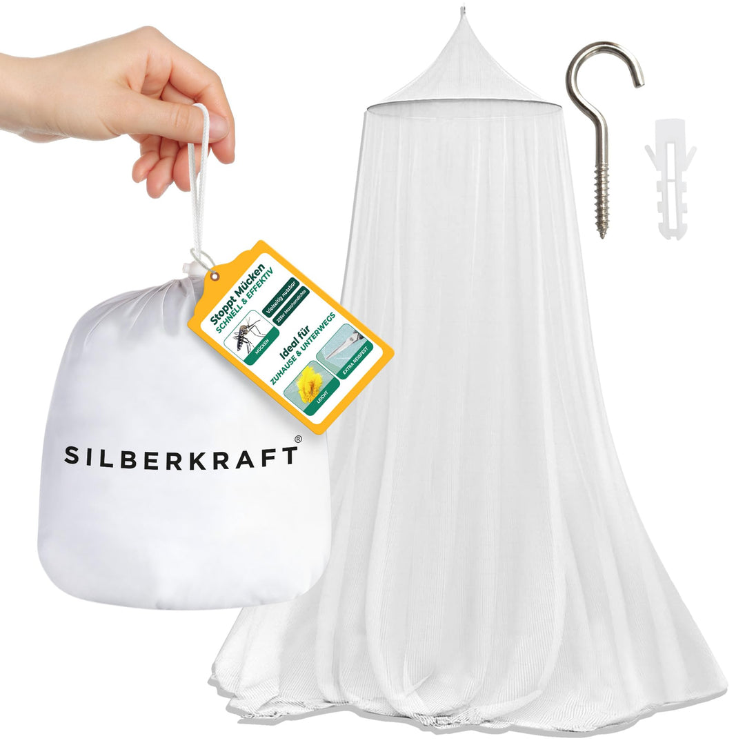 Silberkraft Premium Moskitonetz mit Haken inklusive Dübel, XXL für Doppelbett, Betthimmel mit Reissv