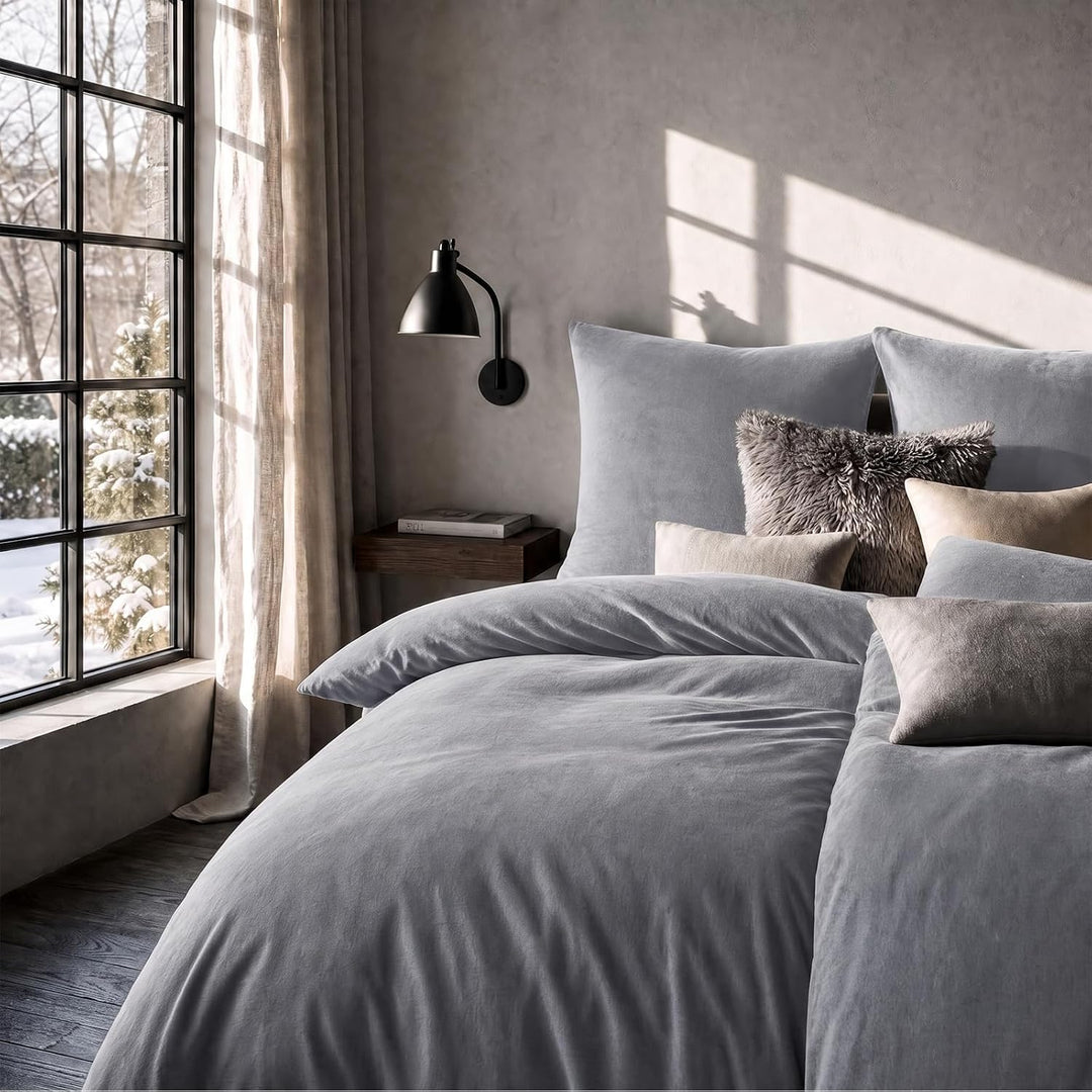 Soifox Winter Flanell Bettwäsche 180x200 - Grau Flauschige und Warme Cashmere Touch Bettbezug + Kiss