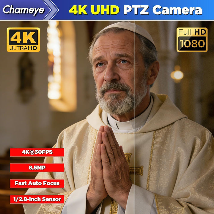 Chameye 4K PTZ Kamera NDI HX KI-Tracking 20x Optischer Zoom, mit HDMI/USB3.0/LAN(PoE), für LIve-Gott
