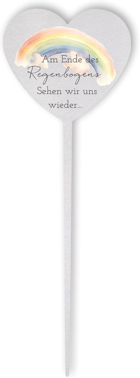 Dolorino Grabstecker Edelstahl Herz mit Spruch | Am Ende des Regenbogens sehen wir Uns Wieder | Grab