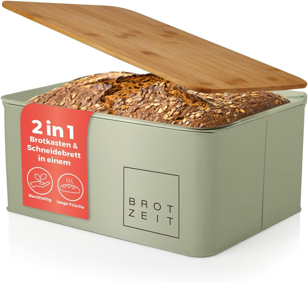 Lumaland Cuisine Brotkasten | Brotdose aus Metall mit Bambus Deckel | Brotbox rechteckig 30,5 x 23,5