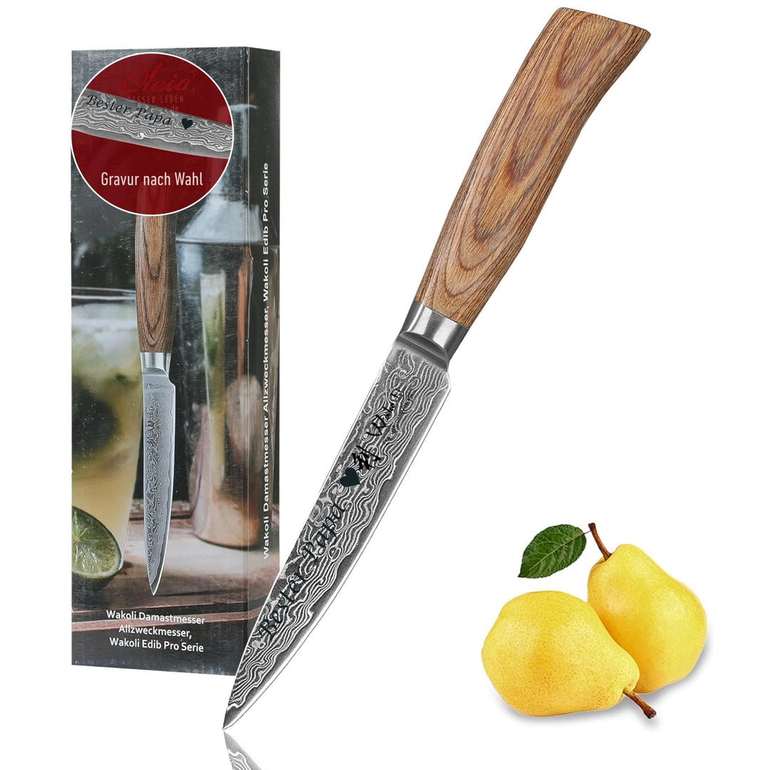 Wakoli EDIB Pro Premium Damast Allzweckmesser mit Gravur – Personalisiertes Messer, 12cm Damastkling