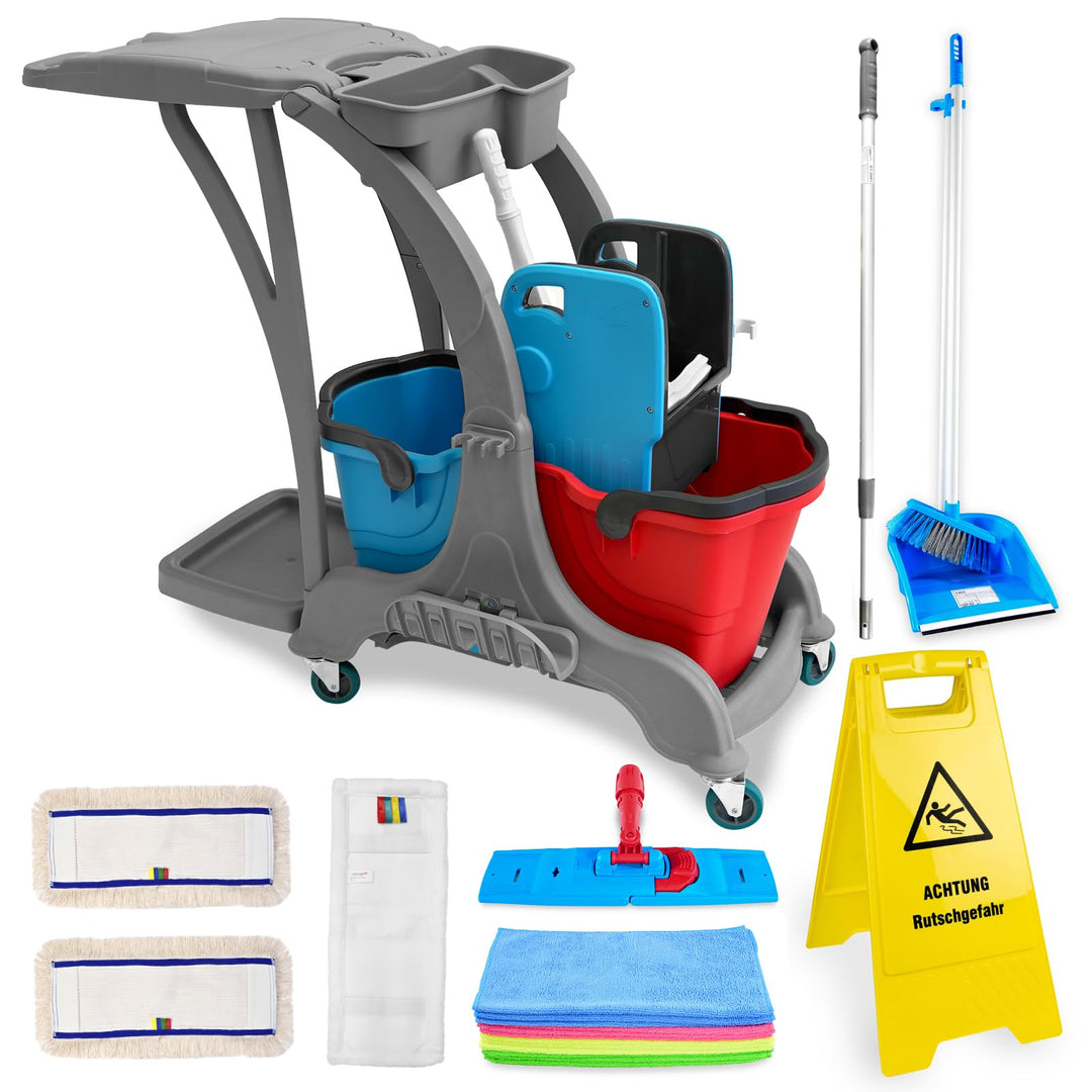 Hypafol Putzwagen Reinigungswagen Set | 2 x 25 l Eimer mit Wischmopp-Presse &amp; Kehrgarnitur | 2X 40cm