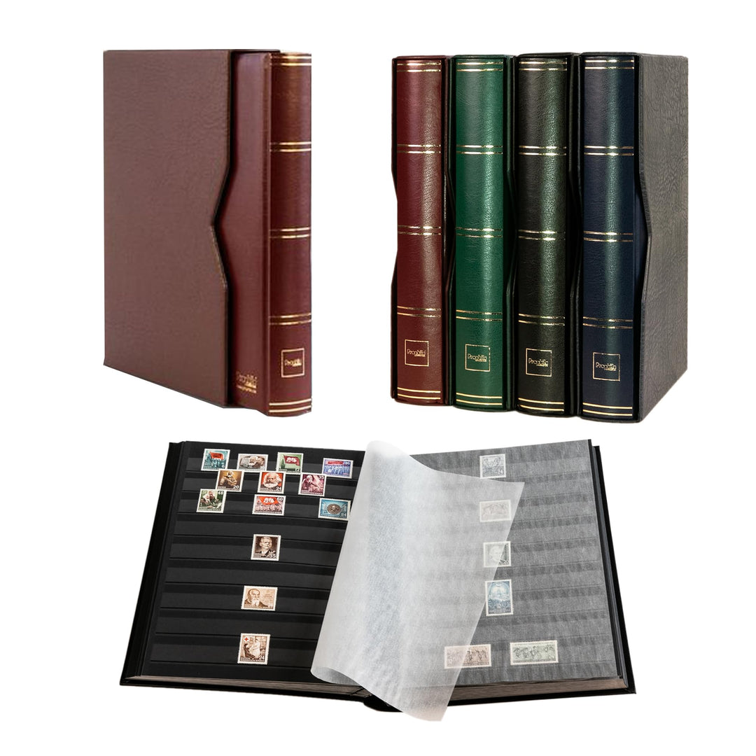 Prophila 60 schwarze Seiten Briefmarkenalbum wattiert mit Kassette braun