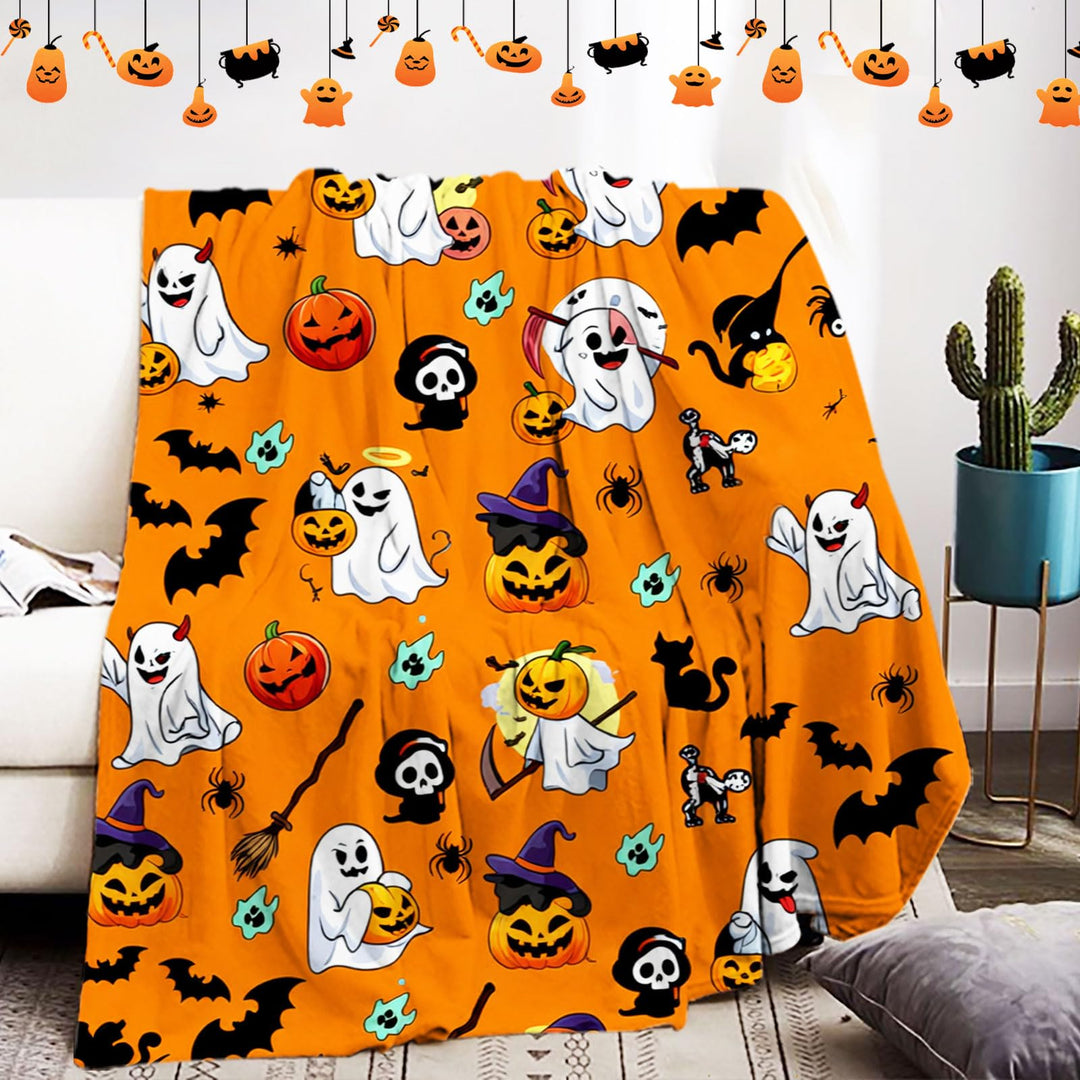 Halloween Decke 150x200,Weiche Flanell Kuscheldecke mit kürbis und Geist Motiv,für Sofadecke (Hallow