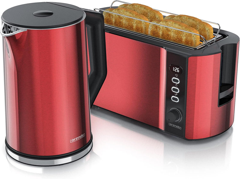 Arendo - Wasserkocher mit Toaster SET Edelstahl Rot, Wasserkocher 1,5L, 40° 100°C Warmhaltefunktion