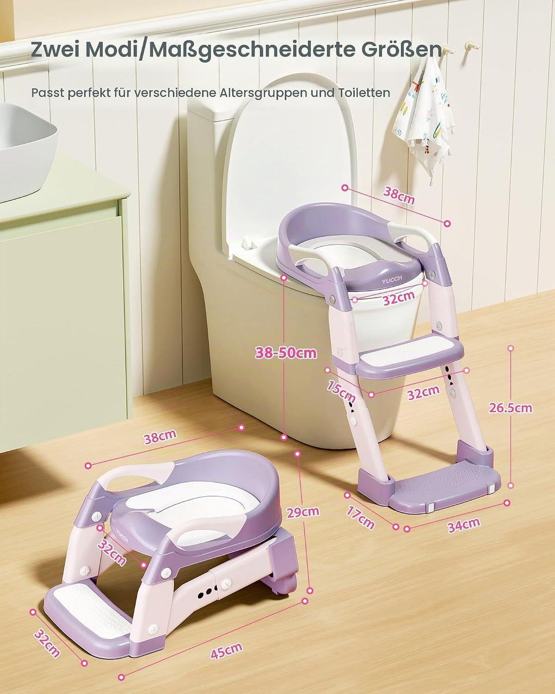 Yucch Toilettensitz Kinder mit Treppe – Upgraded 2-in-1 Kind Toilettensitz höhenverstellbar, rutschf