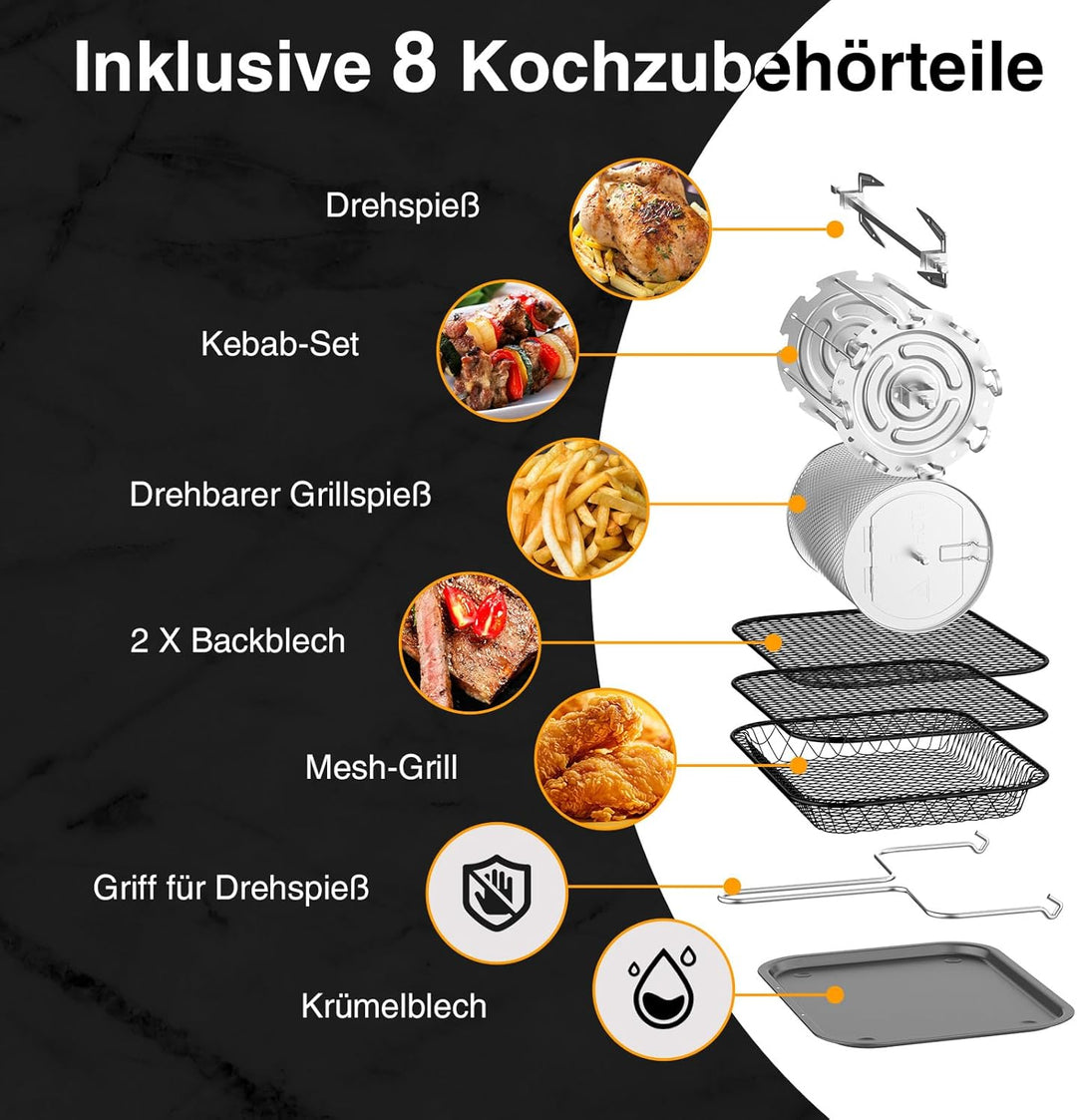 12L XXL Heissluftfritteuse, 12-in-1 Voreinstellungen, Programme, Touchscreen, Funktionen als Air Fry