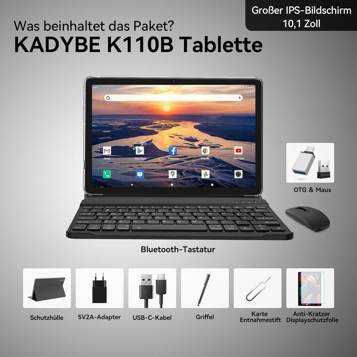 KADYBE 2024 Neueste Android Tablet 10 Zoll,128GB ROM (1TB TF),Octa-Core,1080FHD,|Gesichtserkennung|