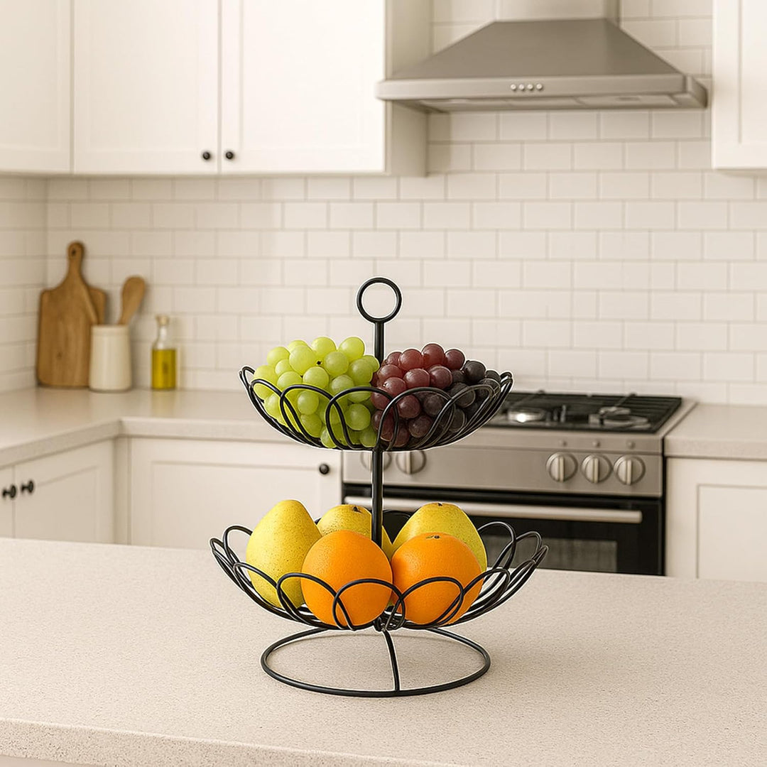 Obst Etagere Schwarz 2 Stöckig – Grosse Obstkorb Etagere aus Metall für Obst und Gemüse Aufbewahrung
