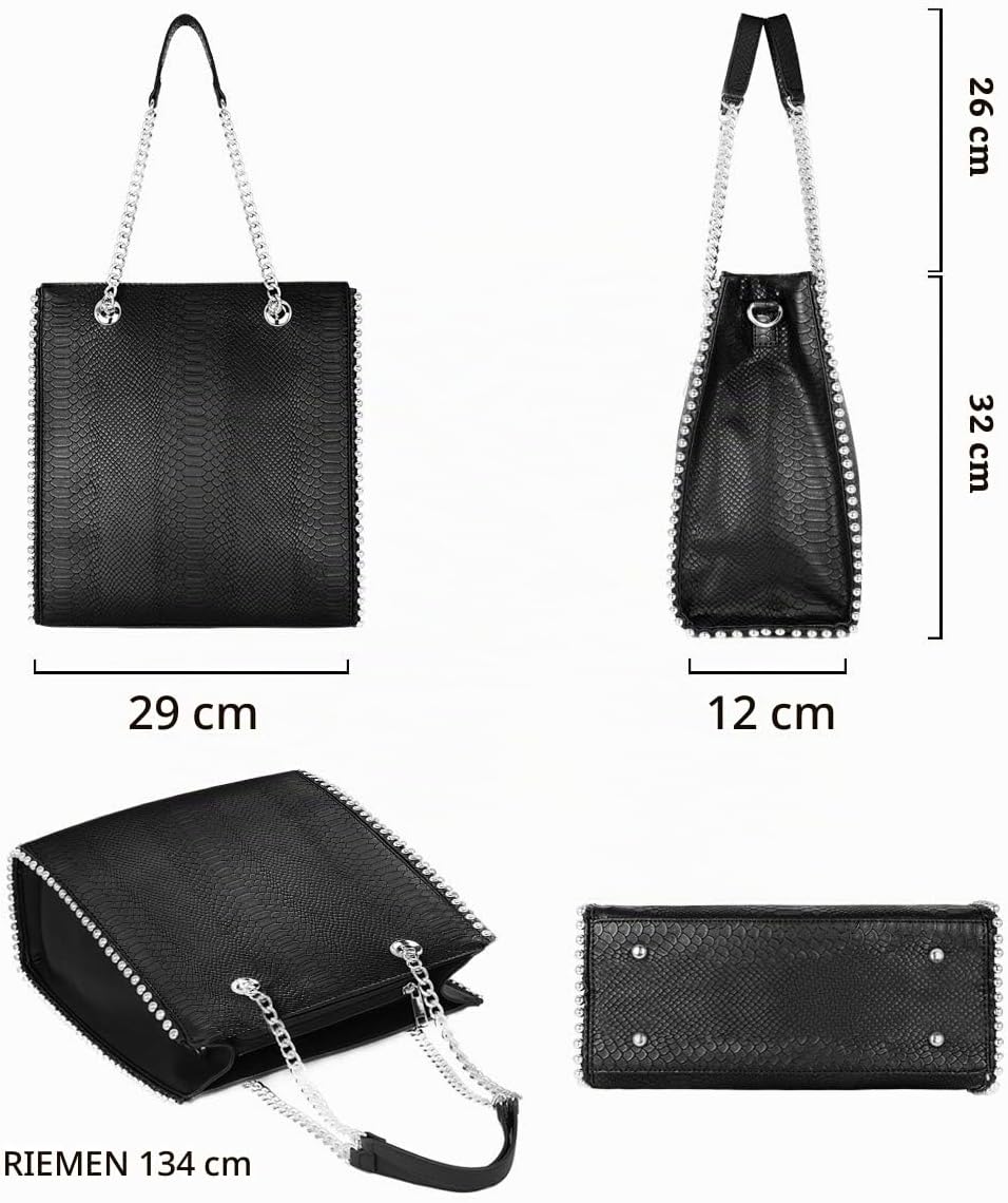 CRAZYCHIC - Damen Ketten Handtasche - Tote Shopper Nieten Perlen - Schlange PU Leder Schultertasche
