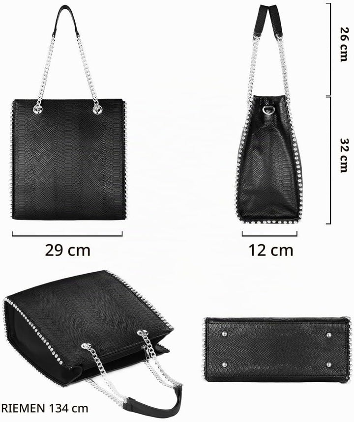 CRAZYCHIC - Damen Ketten Handtasche - Tote Shopper Nieten Perlen - Schlange PU Leder Schultertasche