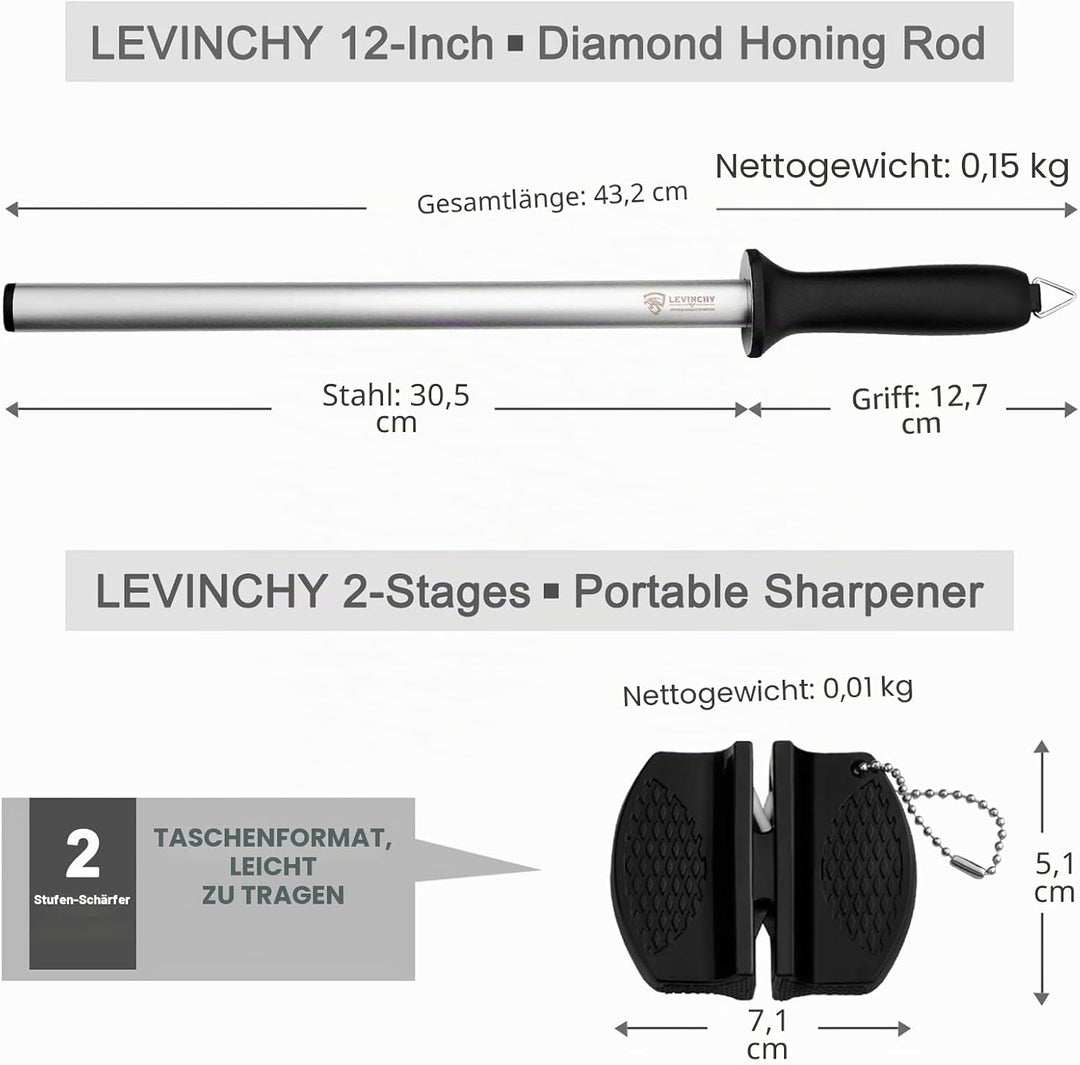 LEVINCHY Diamant-Messer-Wetzstahl, 30,5 cm, professionelle Diamantbeschichtung, Schleifstahl, Premiu