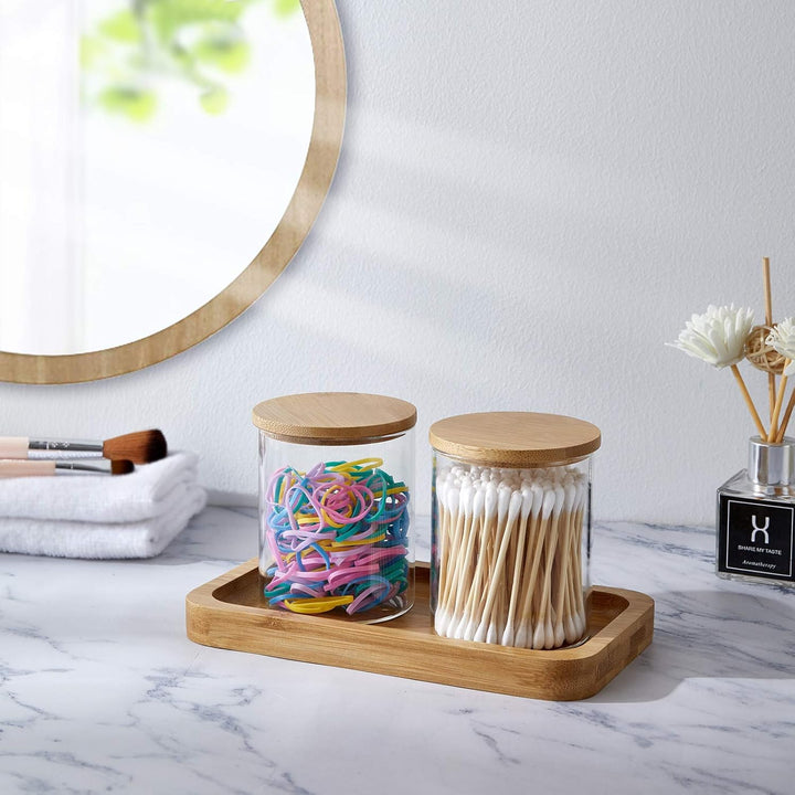 YININE Glas Qtip Halter Badezimmer-Gläser mit Schminktablett, Apotheker-Gläser Badezimmer-Behälter Q