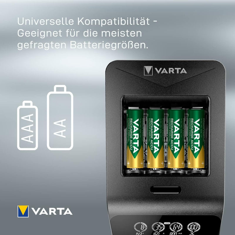 VARTA Akku Ladegerät, inkl. 4x AA 2100mAh, Batterieladegerät für wiederaufladbare AA/AAA, LCD Smart