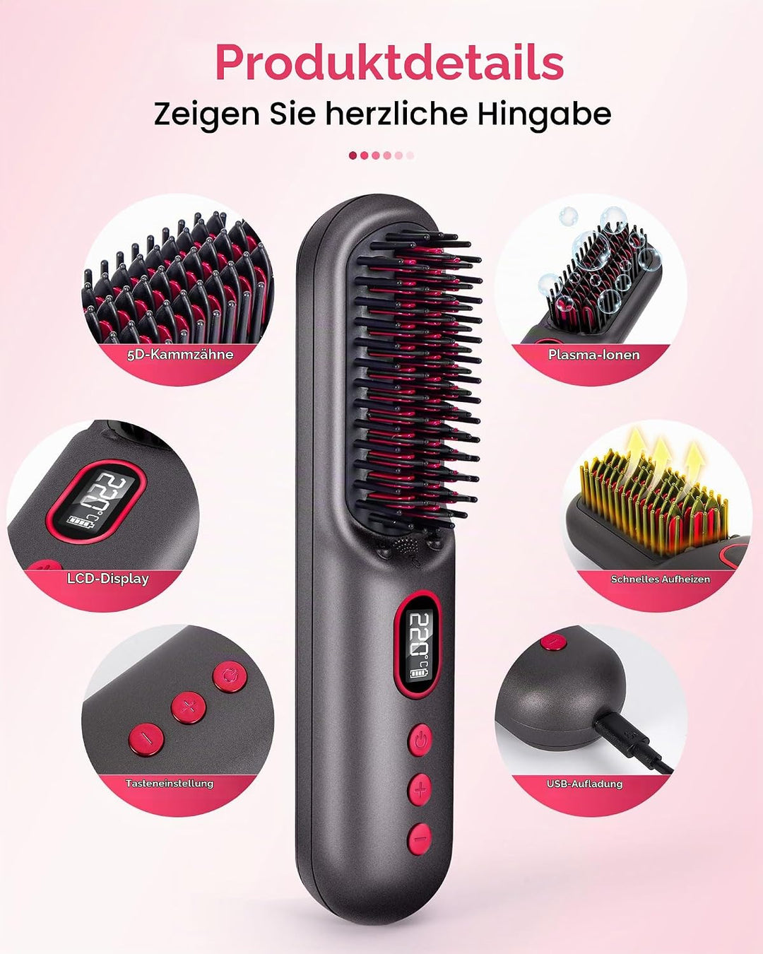 LAMA Kabellose Glättbürste Mini Glätteisen 9000mAh Ionen Haarglätter Bürste, Tragbare Stylingbürste