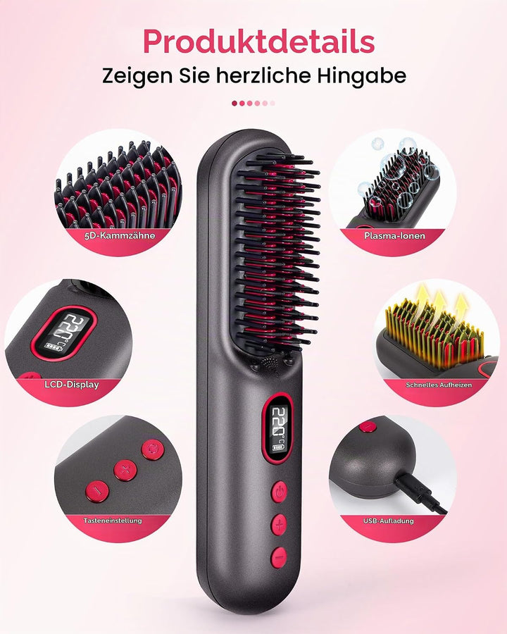 LAMA Kabellose Glättbürste Mini Glätteisen 9000mAh Ionen Haarglätter Bürste, Tragbare Stylingbürste