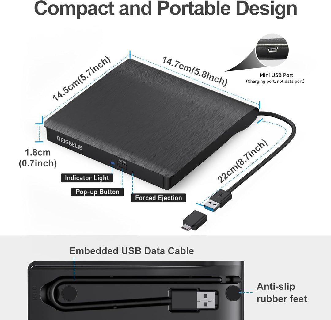 Externes DVD Laufwerk, USB 3.0 Externer DVD Brenner +/-RW CD ROM Externe Optische Laufwerke Tragbare