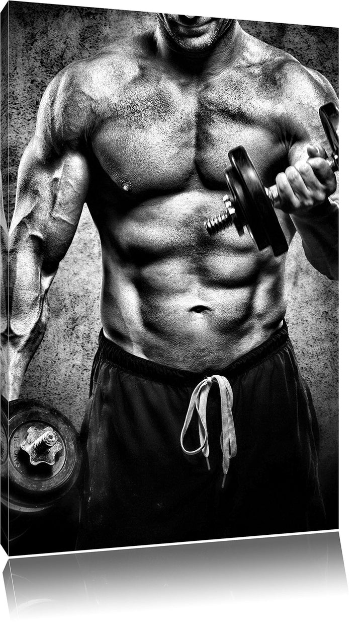 Pixxprint Starker Bodybuilder mit Hantel als Leinwandbild/Grösse: 100x70 / Wandbild/Kunstdruck/ferti