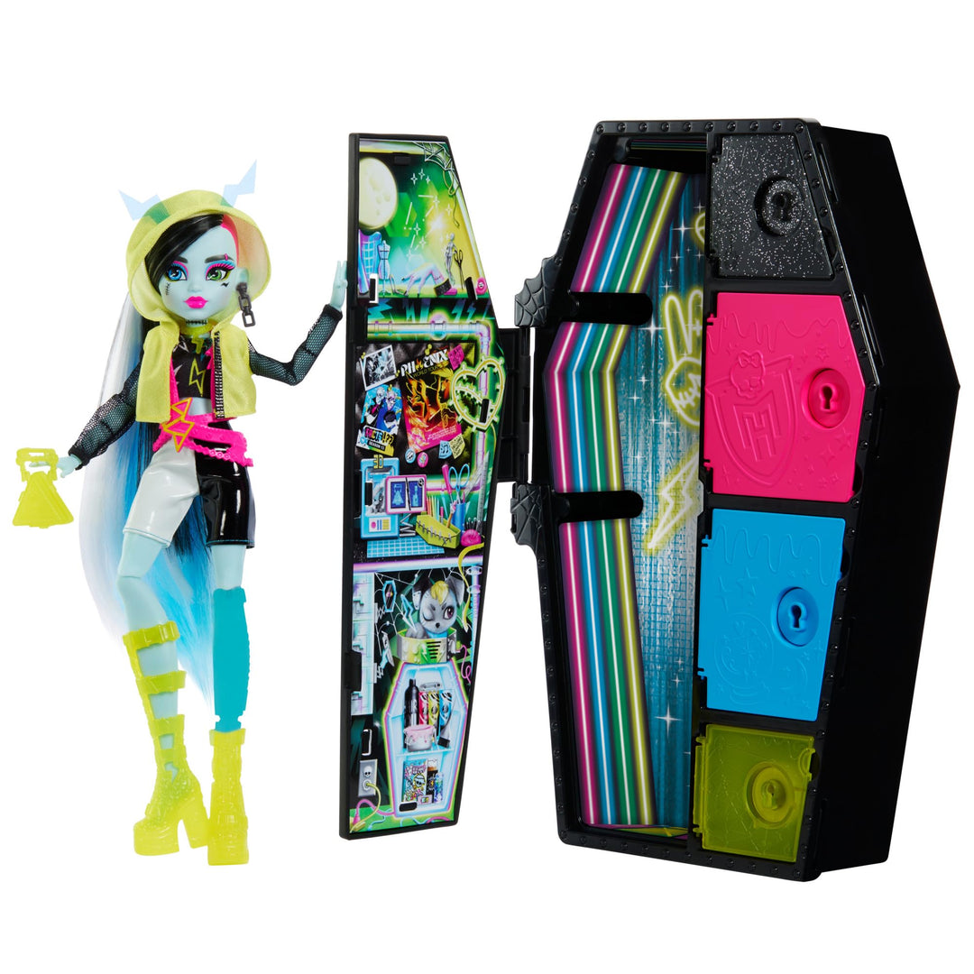 MONSTER HIGH Skulltimate Secrets Frankie-Stein-Puppe - Neon Frights Modeüberraschungen, leuchtende A