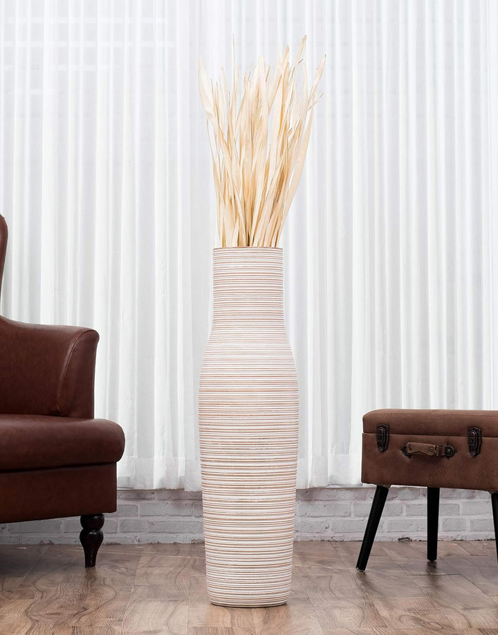Leewadee Grosse Bodenvase für Dekozweige hohe Standvase Design Holzvase, Holz, 90 cm, White wash 90