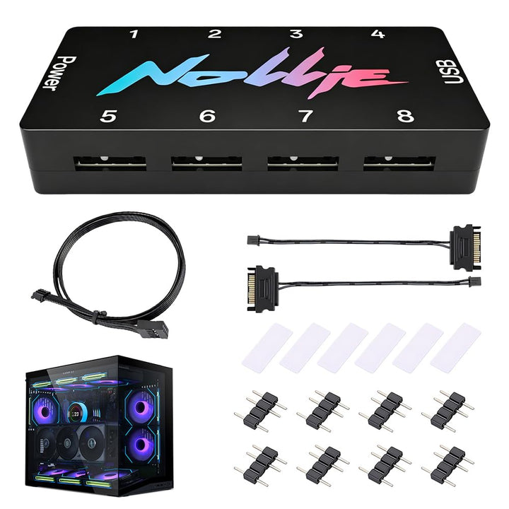 ARGB Controller, HOVCEH 5V 3PIN RGB Controller, PC Fan Hub mit 2 SATA Power 8 Port, RISC-V-Kernproze