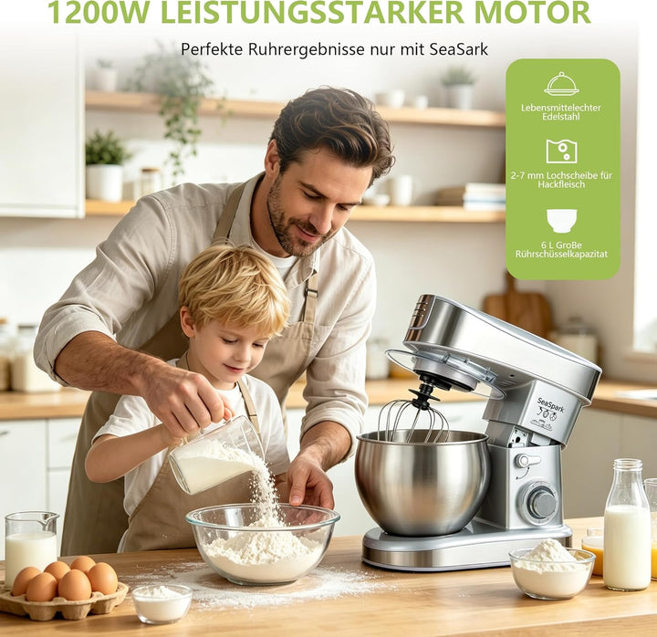 Küchenmaschine, 6 L Knetmaschine 1200W, 6 Geschwindigkeits Küchenmaschine, Teigmaschine mit Rührhake