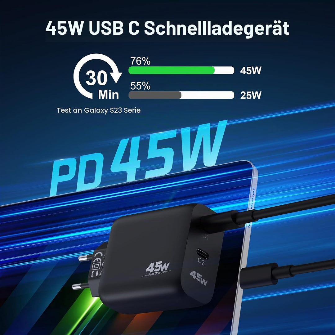 45W 2-Port USB C Ladegerät Mit Schnellladekabel für Samsung Galaxy S26 S25 S24 S23 Ultra Edge FE 5G