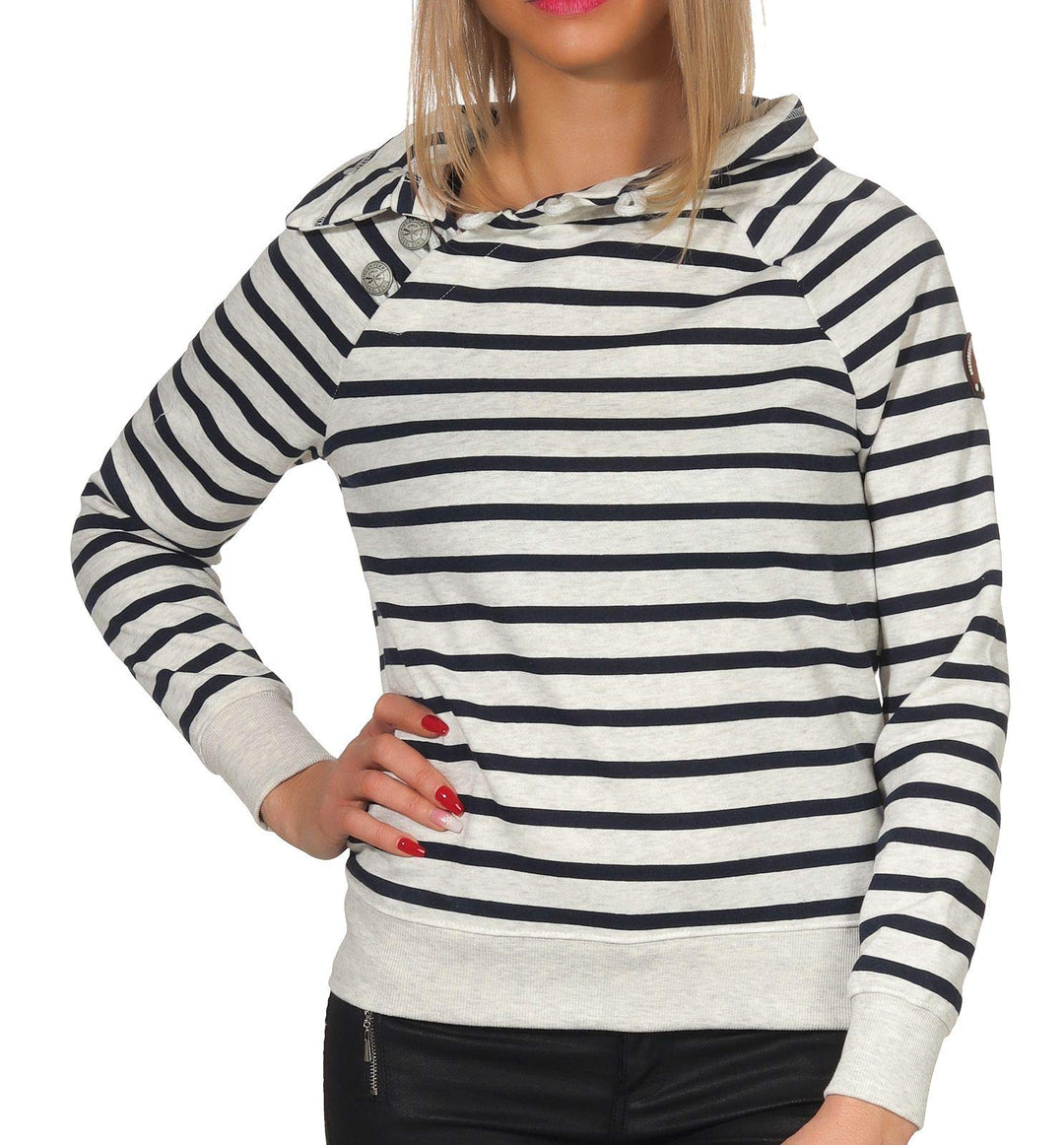 ONLY Damen gestreiftes Sweatshirt Randi Nadine Knopfleiste 15170109 Oatmeal Stripes/Night Sky M