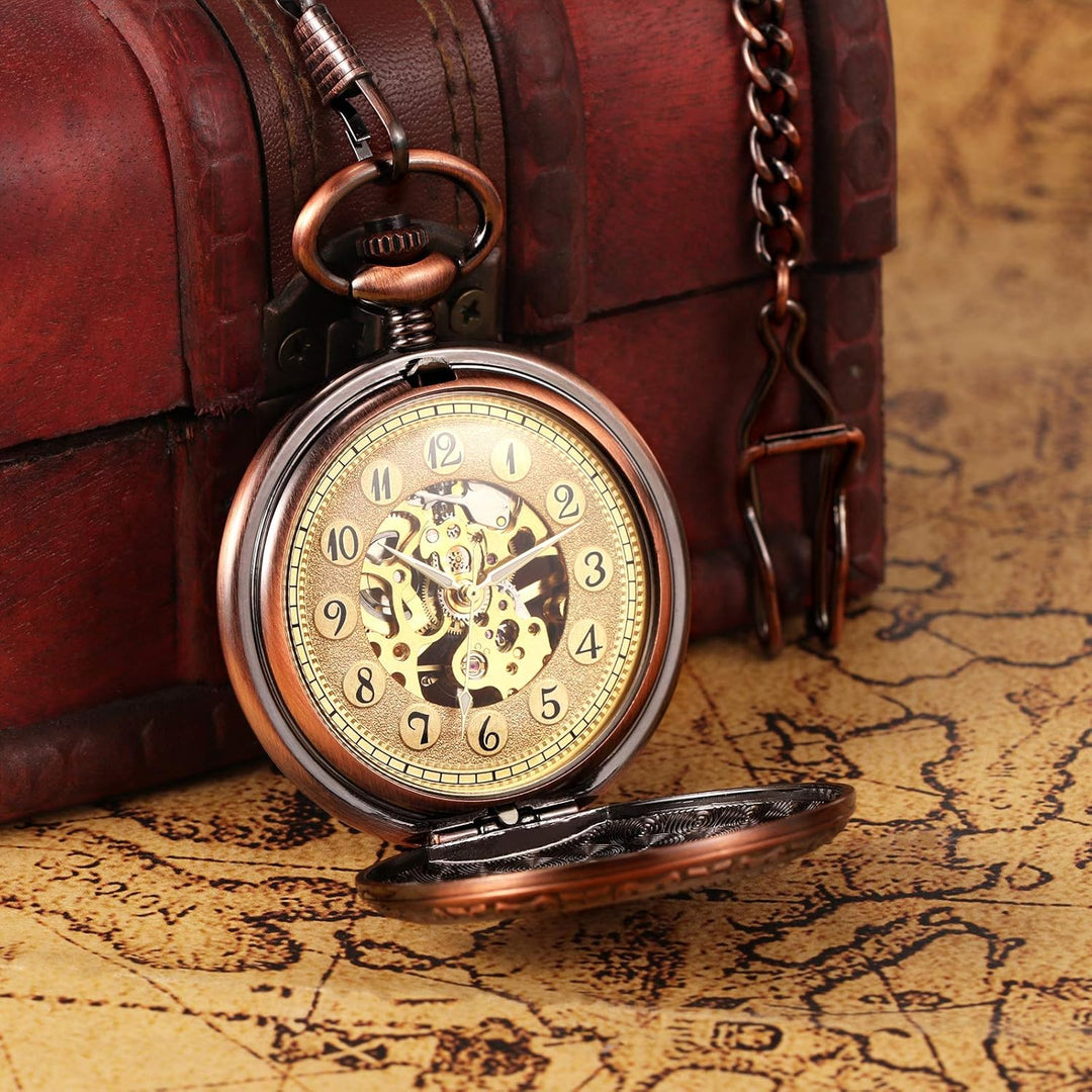 TREEWETO Herren Taschenuhr mit Kette, Retro Adler Analog Steampunk Skelett Uhr, Mechanisch Handaufzu