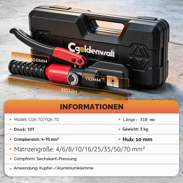 CGOLDENWALL Hydraulische Crimpzange für 10T 4-70m㎡-Rohre mit Isoliertem GriffKabelschuhe Zange 2 Paa