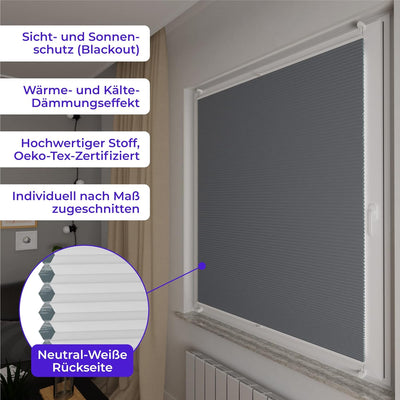SchattenFreude Thermo-Waben-Plissee nach Mass für Fenster & Tür | Mit Klemmhaltern, Klemmfix | Black