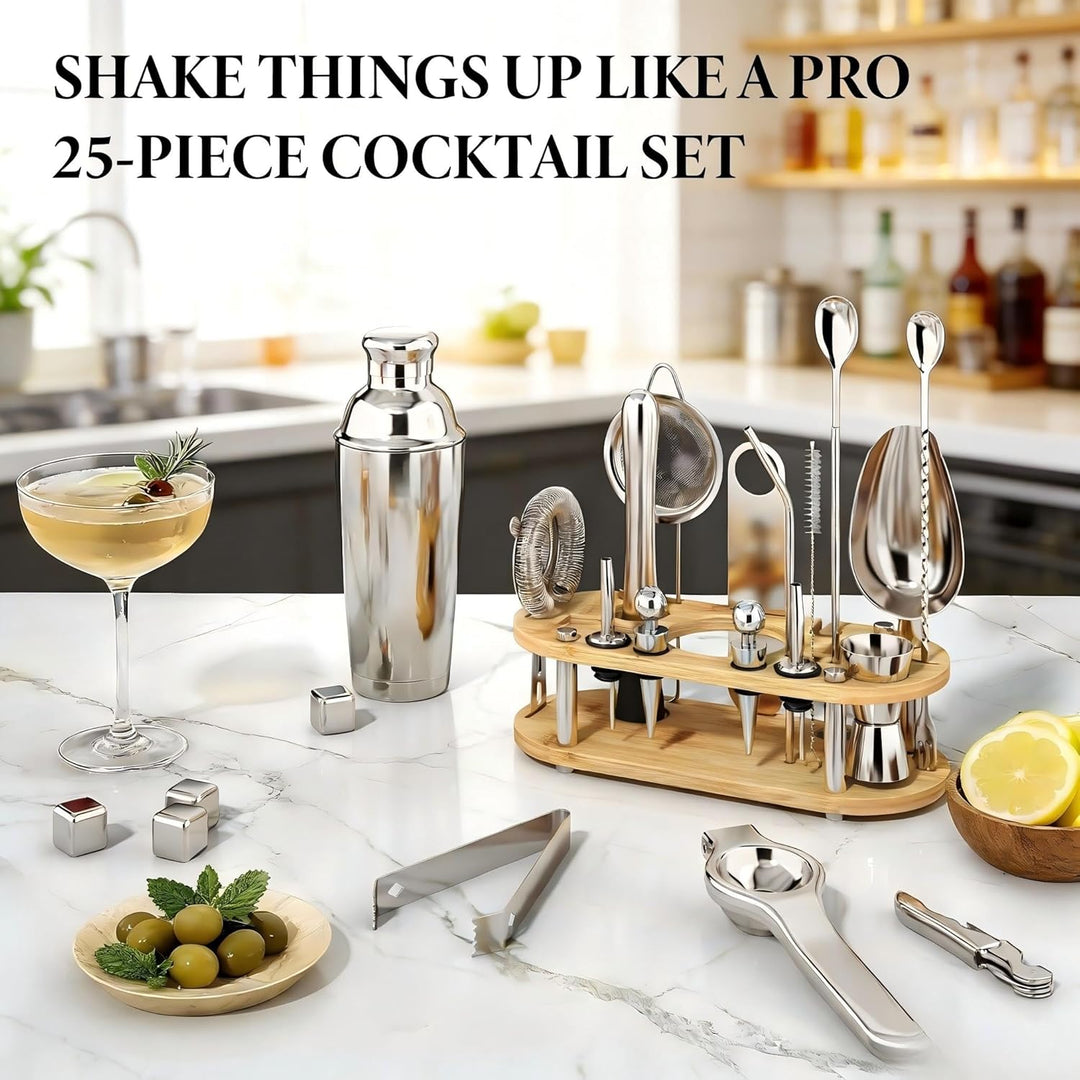 25 Stück Cocktail Shaker Set, 700ml Edelstahl Barkeeper Set mit Boston Shaker und Bar Zubehör, Mixol