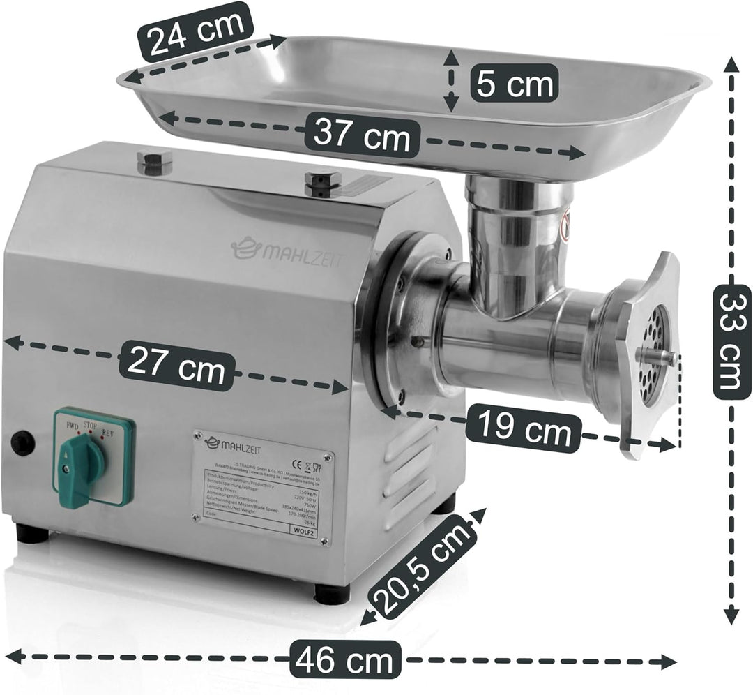 Zelsius Profi Edelstahl Fleischwolf elektrisch | 750W - 150kg/h | Faschiermaschine aus Edelstahl, Wu