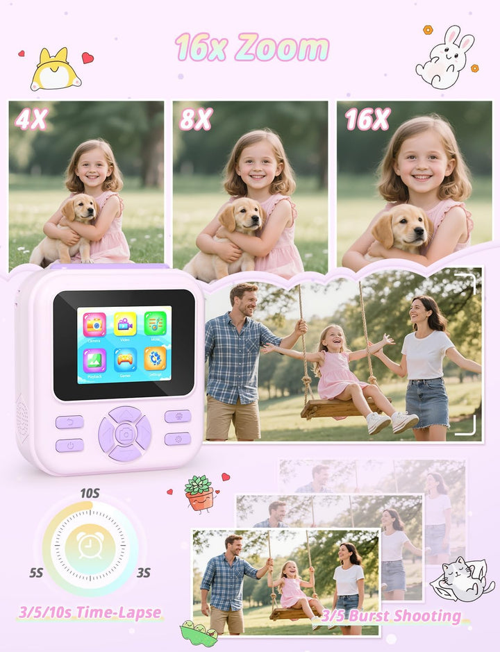 YOHOOLYO Sofortbildkamera Kinder 2,4 Zoll 1080P HD Kinderkamera mit 3 Rollen Druckpapier 32GB Karte