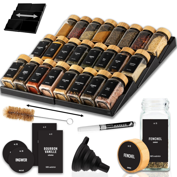 Deco haus® Gewürzregal Schublade [MIT 24 GEWÜRZGLÄSER & ETIKETTEN] - Gewürz Organizer Schublade - Ge