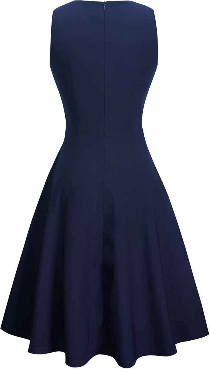 HOMEYEE Damen Vintage Rundhalsausschnitt Blumen Bestickt Knielang Elegant Cocktailkleid UKA079 L Dun