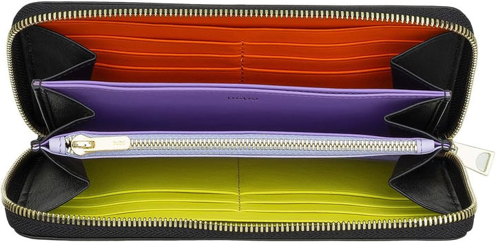 DUDU Grosse Bunte Damenbrieftasche RFID in echtem Leder mit Rundum - Reissverschluss Black pop, Blac